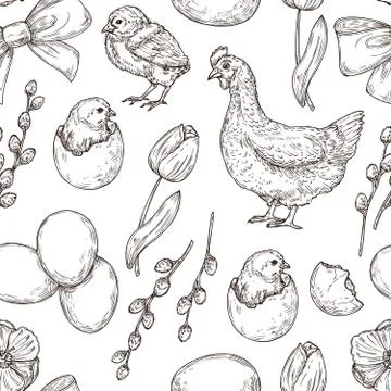Chicken pattern. Hand drawn art bird. Spring easter background. Graphic eggs Stock Illustration