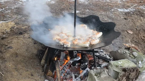 Chicken pieces being fried on the pan Stock Footage 100754019