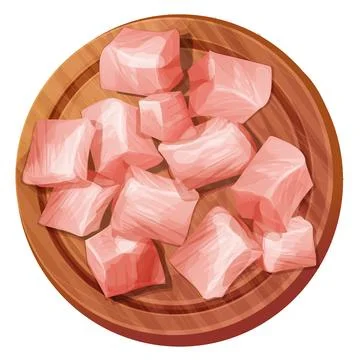 Chicken pieces, cubes raw meat, chopped slices on wooden bord top view in Stock Illustration
