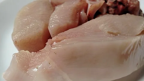 Chicken pieces on a plate, a basic ingredient in a food menu. Stock Footage 329466425