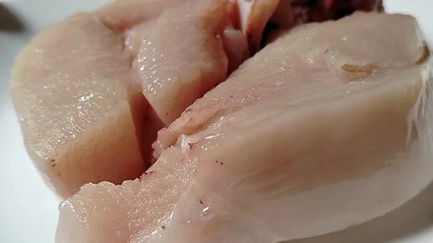 Chicken pieces on a plate, a basic ingredient in a food menu. Video stock 329466429