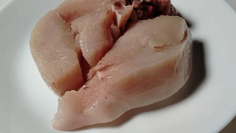 Chicken pieces on a plate, a basic ingredient in a food menu. Stock Footage 329466431