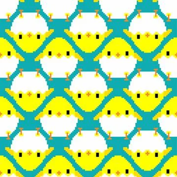 Chicken pixel art pattern seamless. 8 bit Little chicken pixelated backgrou.. Stock Illustration