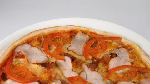 Chicken pizza, copy space on a top side, includes sausage, tomatoes Stock Footage 87689089