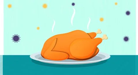 Chicken on Plate Surrounded by Virus Particles Vector Illustrazione stock