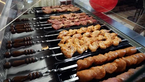 Chicken, pork, beef, minced meat, meat snacks on skewers before cooking. Stock Footage 341550269