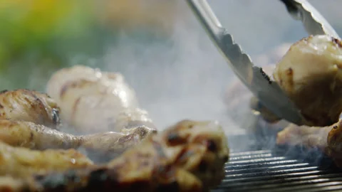 Chicken Portion Grilling on Bbq Grid with Smoke Stock Footage 145250391