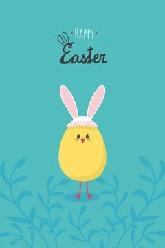 Chicken with rabbit ears Happy Easter card. Vector illustration cartoon banner Stock Illustration
