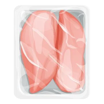 Chicken raw filet in plastic tray, package with poultry in cartoon style Illustration