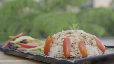Chicken, rice and vegetables rotating on plate. Stock Footage 79473674