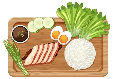 Chicken Rice Platter with Eggs and Fresh Vegetables Illustration Stock Illustration