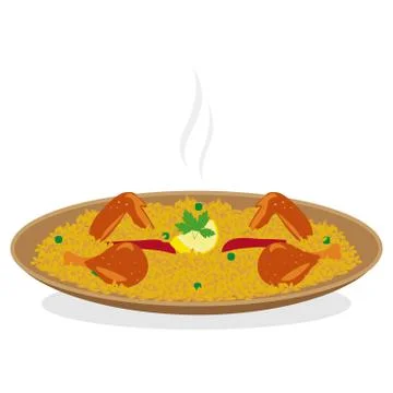 Chicken rice, presented on a brown plate with lemon and peas Stock Illustration