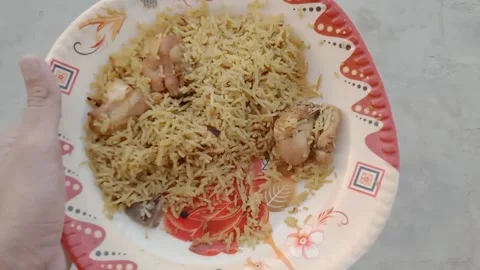 Chicken Rice Served on a Plastic Plate Held by Hand Stock Footage 347340337