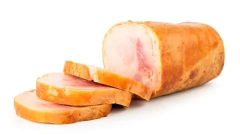 Chicken roll cut into pieces close-up on a white. Isolated. Stock Photos
