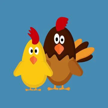 Chicken with rooster on blue background for use as clipart Stock Illustration