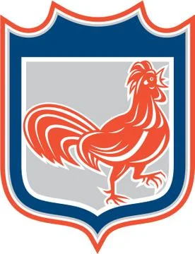 Chicken rooster leg up walking shield retro Stock Illustration