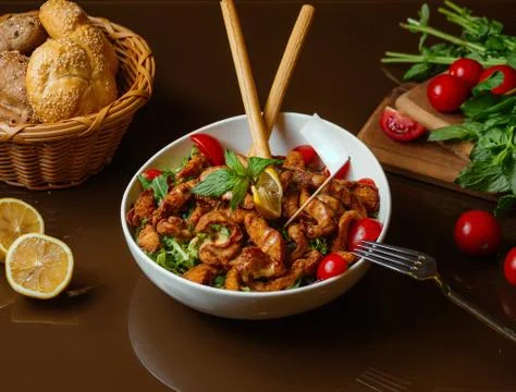 Chicken salad with vegetables on the table Stock Photos