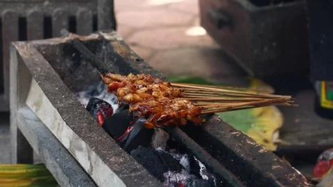 Chicken satay is grilled over an open fire with hot coals and smoke coming out. Video stock 317445285