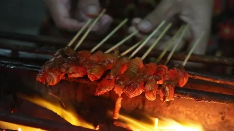 Chicken satay grilling process, selective focus shot Stock Footage 267680874