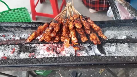 Chicken satay or chicken skewer is being grilled with smoldering charcoal Stock Footage 219996529