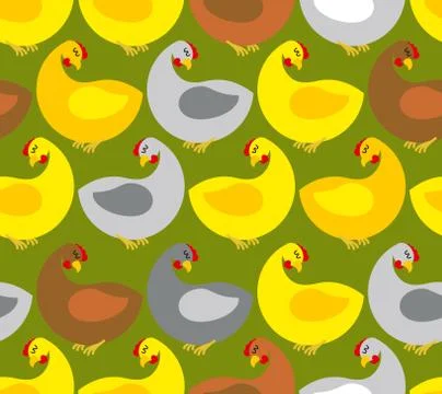 Chicken seamless pattern. Chicken farm. Many colored birds. Vector background Stock Illustration
