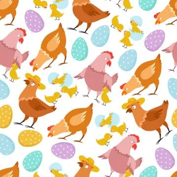 Chicken seamless pattern. Happy easter chick hen rooster and eggs. Kids vector Stock Illustration