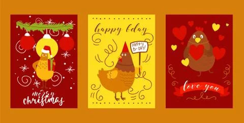 Chicken set of greeting cards vector illustration. Merry Christmas hen with hat Stock Illustration