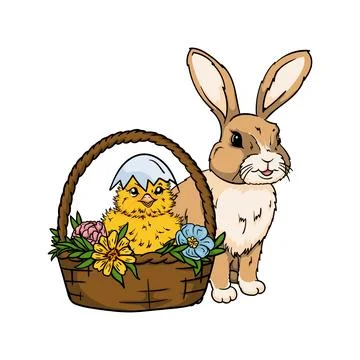 Chicken in a shell hat in a basket and a hare Stock Illustration