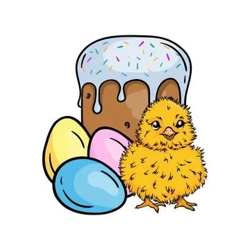 Chicken sitting near Easter cake and painted eggs Stock Illustration