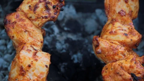 Chicken skewered Stock Footage 76899107