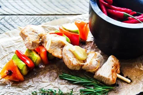 Chicken skewers of grilled meat Stock Photos