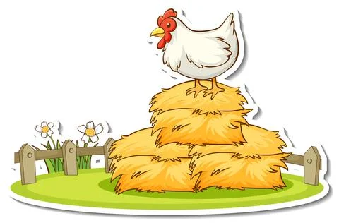 A chicken standing on haystack sticker Stock Illustration