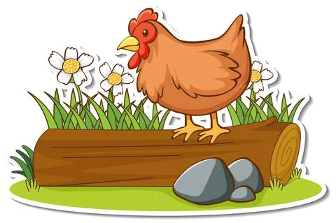 Chicken standing on a log sticker Illustrazione stock
