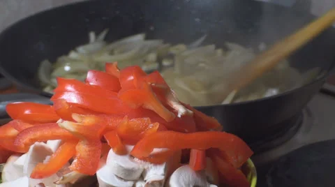 Chicken Stroganoff Bell Pepper And Mushrooms Ready To Go Into The Frying Pan Stock Footage 34220915