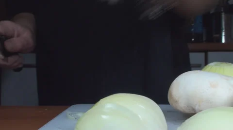 Chicken Stroganoff Slicing The Onion Front-Shot Stock Footage 34221680
