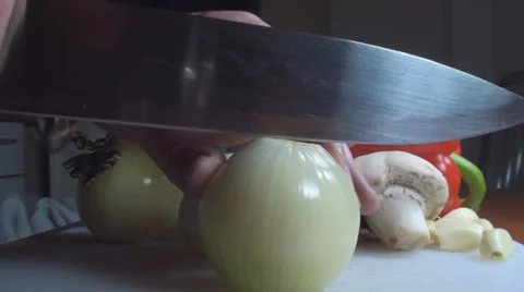 Chicken Stroganoff Slicing The Onion Side-Shot Stock Footage 34221642