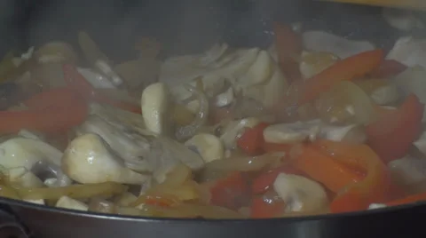 Chicken Stroganoff Vegetables Cooking Steam Close Up-Shot Stock Footage 34222004