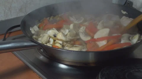 Chicken Stroganoff Vegetables Cooking Steam Stock-Footage 34222045