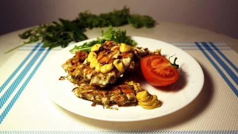 Chicken Сutlets Serving with Mustard, Slow Motion Stock Footage 104257185