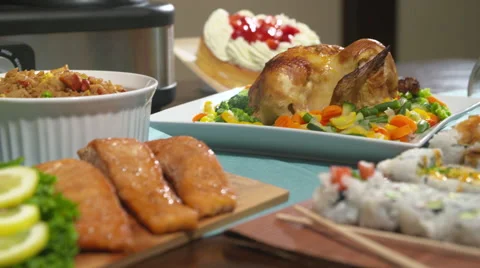 Chicken Tilt Down to Salmon Stock Footage 64974208