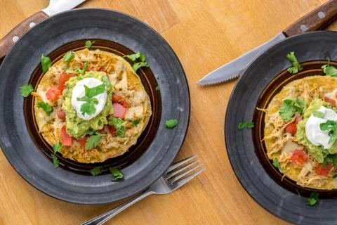 Chicken tostadas top view. Stock Photos