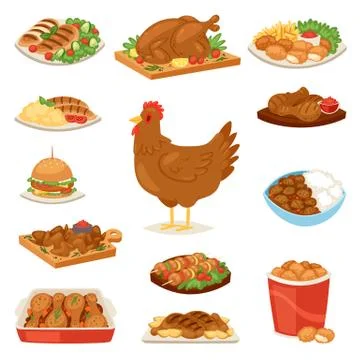 Chicken vector cartoon chick character hen and food chicken-wings with Stock Illustration