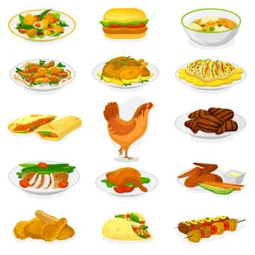 Chicken vector cartoon chick character hen and food chicken-wings with fried Stock-Illustration