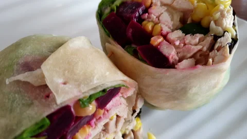 Chicken vegetable wrap salad clean healthy food meat beatroot corn and gree.. Stock Footage 253075230