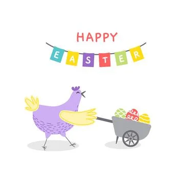 Chicken, wheelbarrow, Easter eggs. Hen, barrow. Happy Easte card. Flat, cartoon Stock Illustration