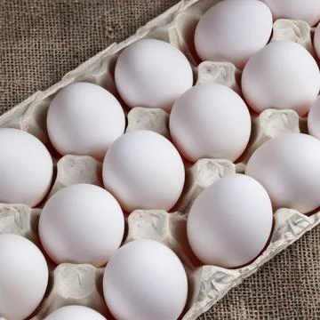 Chicken white eggs in a box close-up Stock Photos
