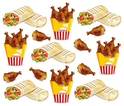 Chicken wings and shawarma Vector pattern. Fast food backgrounds Illustrazione stock