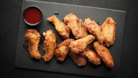Chicken wings deep fried and sauce on side, top view, rotation. Stock Footage 150509444