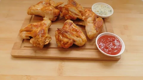 Chicken wings with dips on the wooden table Stock Footage 150939497