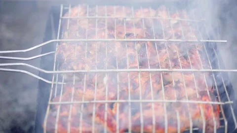 Chicken wings in a grid on smoke close-up in slow motion. Barbecue with meat Stock Footage 236349808
